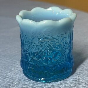 LG Wright Art Glass Wreathed Cherry toothpick holder blue opalescent 2 3/8” tall